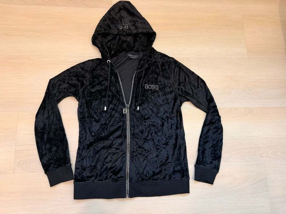 BCBGMaxAzria Zip Up Velvet Hoodie Size M Black Rhinestone Bling Y2K